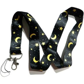 Black Night Sky Lanyard gothic neck strap key ring crescent moon & stars for Nametag, ID, Passport holder