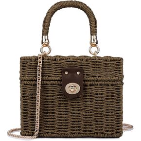 Handwoven Rattan Bag for Women Wicker Crossbody Shoulder Bag Straw Beach Tote Bag Top Handle Satchel Handbag with Chain Strap