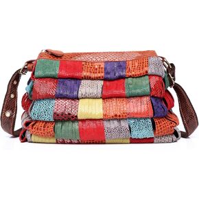 Women Multicolor Genuine Leather Boston Tote Bag Colorful Handbag Crossbody Bags