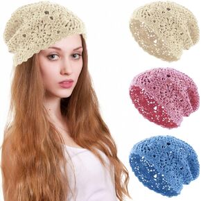 Women Cotton Crochet Hat Handmade Knit Floral Slouchy Beanie Hat Knitted Cutout Summer Skull Cap, 3 Pcs