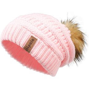 Pilipala Womens Winter Knit Beanie Hat Slouchy Warm Pom Pom Hat Faux Fur Caps for Women Ladies Girls