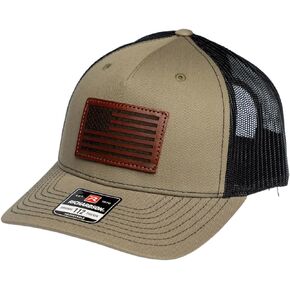 | American Flag Leather Patch Hat Richardson 112 Trucker Style Cap Mesh Snapback Adjustable OSFM