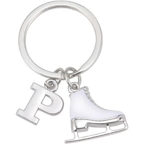 Amaxer White Enamel Ice Skates Shoes Pendant Keyring Alphabet Letters A-Z Ice Skating Stainless Steel Keychain for Unisex