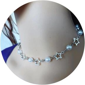 Pearl Necklace for Women Silver Star Choker Necklace Dainty Hollow Star Necklace Handmade Adjustable White Pearl Necklace Y2K Jewelry Gifts for Women Girls