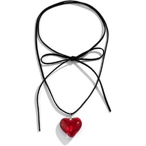 COLORFUL BLING Y2K Aesthetic Simple Chunky Glass Puffy Heart Choker Necklace for Women Girls Coloured Glaze Red Big Heart Pendant Adjustable Leather Chain Necklaces