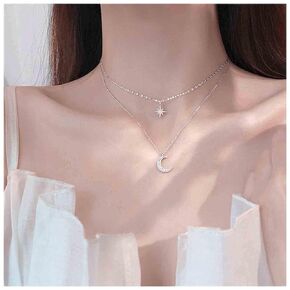 Yheakne Boho Moon Star Necklace Silver Layered Rhinestone Moon Necklace Cz North Star Pendant Necklace Lace Chain Necklace Chain Jewelry for Women and Girls Gifts