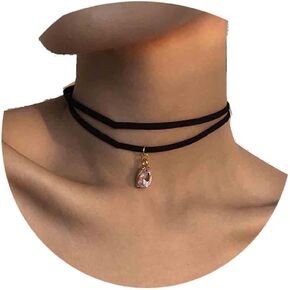 Boho Layered Velvet Choker Necklace Teardrop Emerald Pendant Necklace Short Black Suede Necklace Gothic Black Collar Necklace Chain Jewelry for Women and Girls