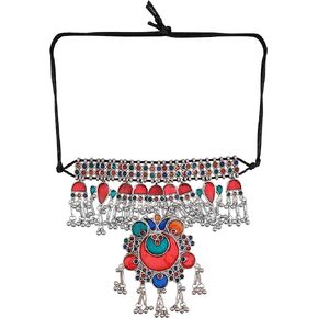 Bollywood Traditional Indian Bohemian Style Afghani Oxidised Silver Statement Choker Tassel Necklace for Women