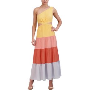 Women's One Shoulder Color Block Maxi Cocktail Dress