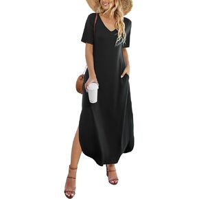 Women's Casual Loose Sundress Short Sleeve V Neck Long Dress Split Maxi Summer Beach Dress with Pockets