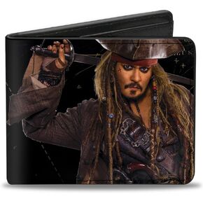Buckle-Down Men's Disney Wallet, Bifold, Jack Sparrow Vivid Pose Pirates Logo Skull Black Gold Silver, Vegan Leather, Multicolor, Standard Size