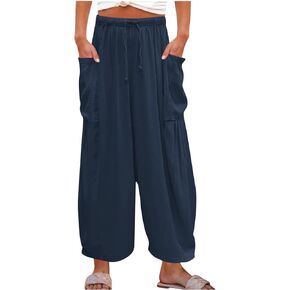 Women's Wide Leg Capri Pants Casual Loose Fit Lantern Trousers Drawstring Elastic Waist Pants