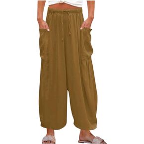 Women's Wide Leg Capri Pants Casual Loose Fit Lantern Trousers Drawstring Elastic Waist Pants