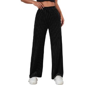 SweatyRocks Women's High Elastic Waist Velvet Pants Ribbed Knit Straight Leg Loose Pants with Pocket in Saudi Arabia