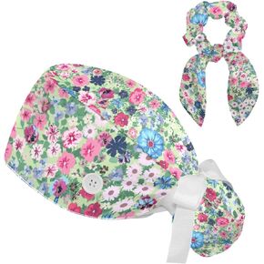 Fun Cat Paw Scrub Cap, Adjustable Working Cap with Button, Bouffant Caps with Bow Hair Scrunchy