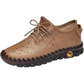 Women's Hollow Leather Lace Up Flat Loafers,Lightweight Breathable Casual Comfort Non-Slip Walking Shoes Handmade Beef Tendon Soft Sole Mom Nurse Shoes