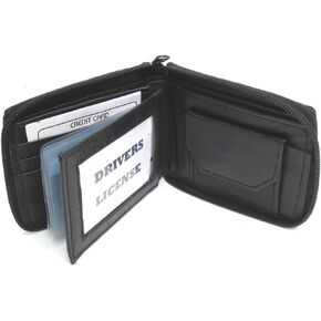 Mens Black Leather Wallet Lamb Zippered Bifold 782