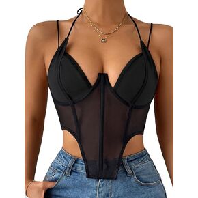 COZYEASE Women's Contrast Mesh Asymmetrical Hem Crop Cami Top Solid Halter Tank Top