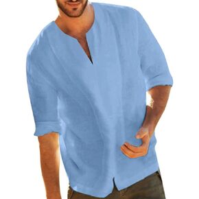Mens Loose Cotton Tunic Casual Beach Long Sleeve V Neck Henley Tops