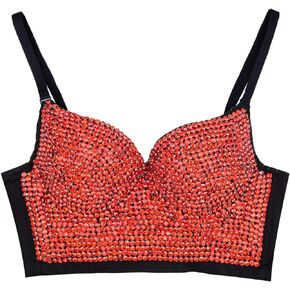 ELLACCI Women's Rhinestone Diamond Push up Bustier Crop Top Sexy Punk Corset Bra Red