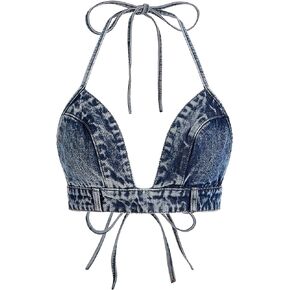 SweatyRocks Women's Halter Neck Backless Denim Cami Top Sleeveless Tie Back Jeans Camisole