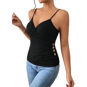 SweatyRocks Women's Casual V Neck Wrap Ruched Cami Tops Button Detail Spaghetti Strap Sleeveless Tank Tops