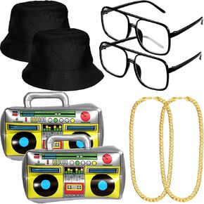 Gejoy 8 Pieces Hip Hop Costume Kit, Inflatable Boom Box Black Bucket Hat Sunglasses Gold Chain 80s/ 90s Rapper Accessories
