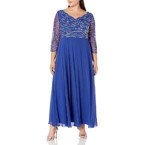 J Kara Women's 3/4 Sleeve Beaded Bodice Pop Over Long Dress