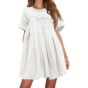 فستان Meladyan النسائي بيبي دول قصير مطوي بطبقات ورقبة دائرية وأكمام قصيرة فساتين كاجوال سادة in Kuwait