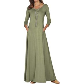 Women's Cotton 3/4 Long Sleeve Maxi Dress Casual Home Dress Pocket Oversize