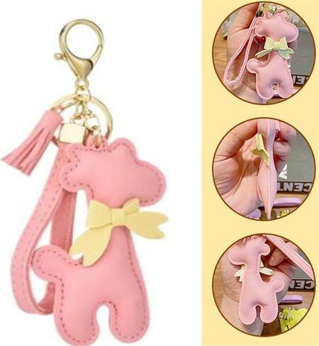 Ergugos Giraffe Keychain Pu Leather Animal Key Ring Handmade Cute Cartoon Giraffe Purse Bag Accessory Cartoon Animal Bag Pendant Car Key Pendant Metal Keyring Men Women Boy Girl-Pink, Pink, F in Saudi Arabia