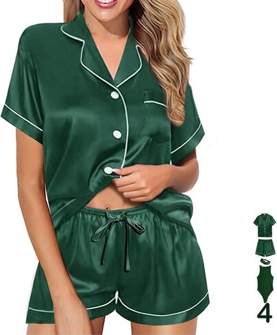 WJing Yi Jia Womens Pajamas Set Silk Satin Pajama Sets Pjs Set Button Down Pj Sets Sleepwear Loungewear Pyjamas in Saudi Arabia
