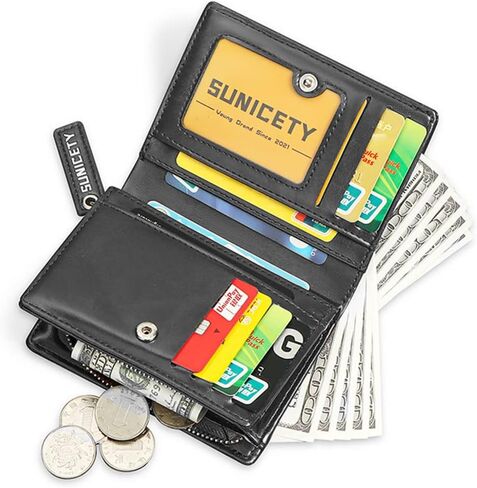 SUMGOGO محفظة رجالية جلدية RFID حامل بطاقات بسحاب حول جيب العملة محافظ صغيرة ثنائية الطي للرجال والأولاد والابن محفظة قصيرة (أسود) in Kuwait