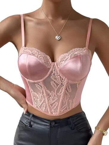 OYOANGLE Women's Satin Lace Trim Spaghetti Strap Asymmetrical Hem Bustier Crop Cami Top in Saudi Arabia