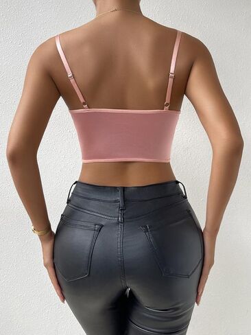 OYOANGLE Women's Satin Lace Trim Spaghetti Strap Asymmetrical Hem Bustier Crop Cami Top in Saudi Arabia