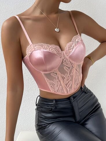 OYOANGLE Women's Satin Lace Trim Spaghetti Strap Asymmetrical Hem Bustier Crop Cami Top in Saudi Arabia