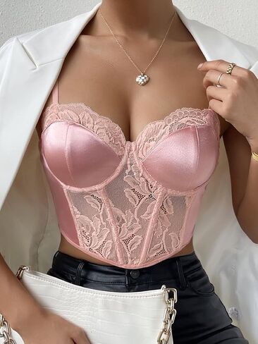 OYOANGLE Women's Satin Lace Trim Spaghetti Strap Asymmetrical Hem Bustier Crop Cami Top in Saudi Arabia