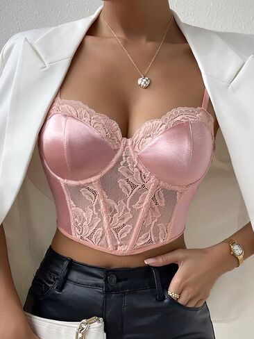 OYOANGLE Women's Satin Lace Trim Spaghetti Strap Asymmetrical Hem Bustier Crop Cami Top in Saudi Arabia