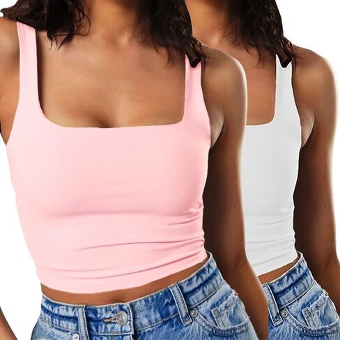 Iausie 2 Pieces Womens Summer Sleeveless Cute Crop Tank Tops Square Neck Basic Workout Yoga Cropped Tops 2351 in Saudi Arabia