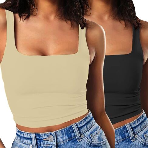 Iausie 2 Pieces Womens Summer Sleeveless Cute Crop Tank Tops Square Neck Basic Workout Yoga Cropped Tops 2351 in Saudi Arabia