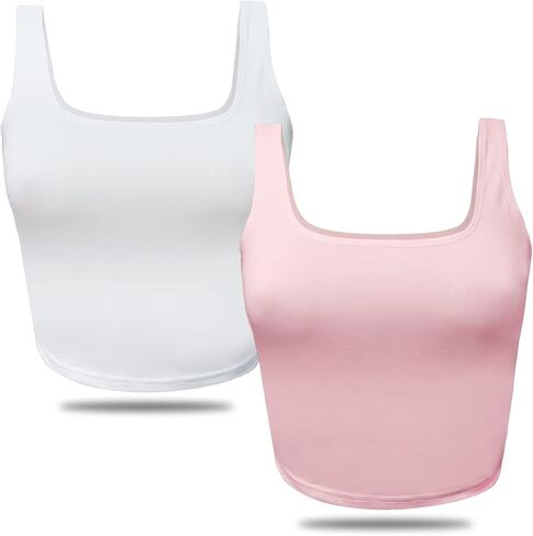 Iausie 2 Pieces Womens Summer Sleeveless Cute Crop Tank Tops Square Neck Basic Workout Yoga Cropped Tops 2351 in Saudi Arabia
