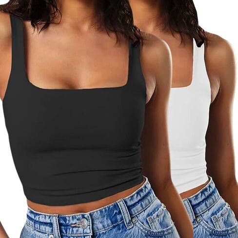 Iausie 2 Pieces Womens Summer Sleeveless Cute Crop Tank Tops Square Neck Basic Workout Yoga Cropped Tops 2351 in Saudi Arabia