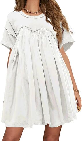 فستان Meladyan النسائي بيبي دول قصير مطوي بطبقات ورقبة دائرية وأكمام قصيرة فساتين كاجوال سادة in Kuwait