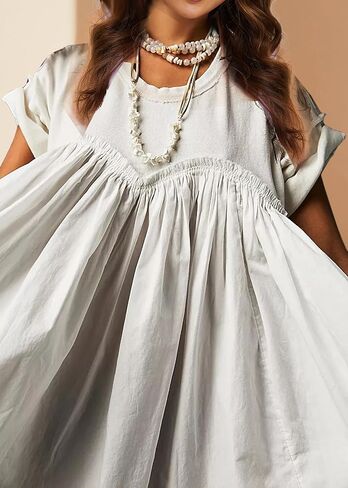 فستان Meladyan النسائي بيبي دول قصير مطوي بطبقات ورقبة دائرية وأكمام قصيرة فساتين كاجوال سادة in Kuwait