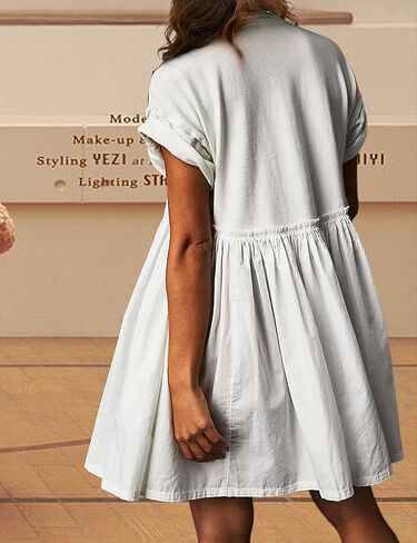 فستان Meladyan النسائي بيبي دول قصير مطوي بطبقات ورقبة دائرية وأكمام قصيرة فساتين كاجوال سادة in Kuwait