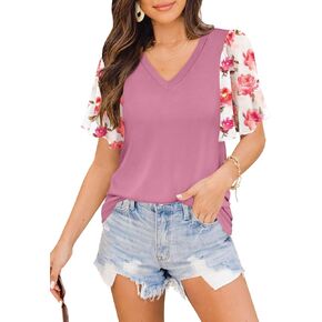 MIHOLL إمرأة الخامس الرقبة كشكش كم تي شيرت 2023 الصيف بلايز عادية قصيرة الأكمام بلوزة شيفون قمصان in Kuwait