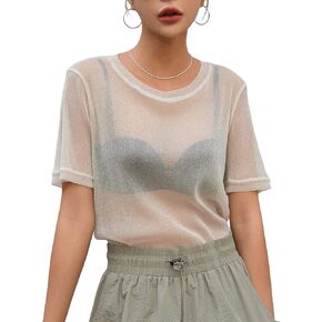 MakeMeChic Women's Glitter Sheer Mesh Short Sleeve Shirts Casual See Through Tee Tops