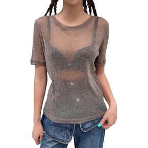 MakeMeChic Women's Glitter Sheer Mesh Short Sleeve Shirts Casual See Through Tee Tops