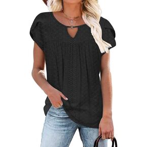 Halife Women's Petal Short Sleeve Shirts Cute Summer Tops Pleated Key Hole Loose Hollow Blouses