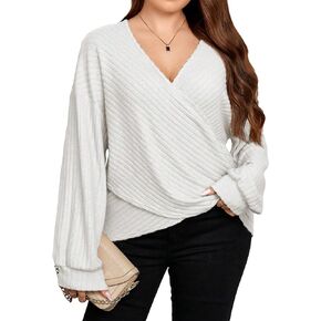 SweatyRocks Women's Plus Size Wrap Long Sleeve Tee Tops Casual V Neck Crossover Pullover T Shirt